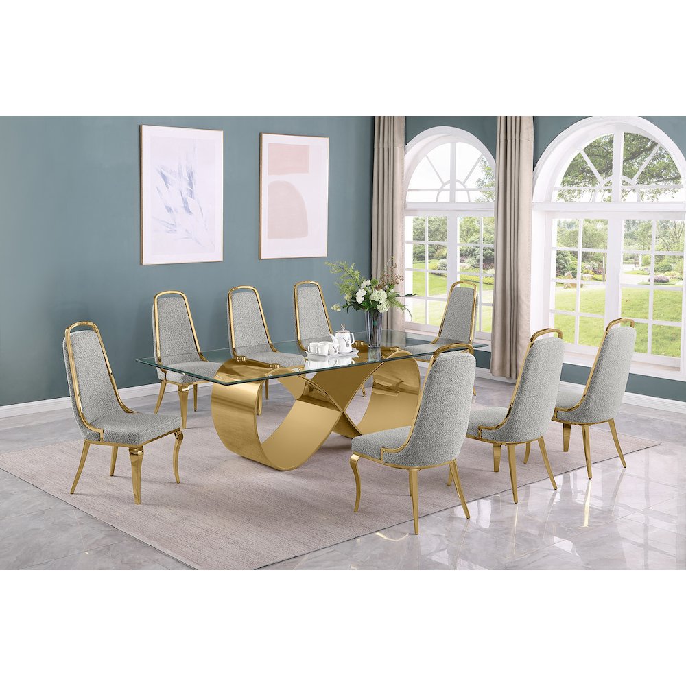 9Pc Tempered Glass Dining Set 8 Rich Gray Boucle Side Chairs And A Gold Base. Picture 7