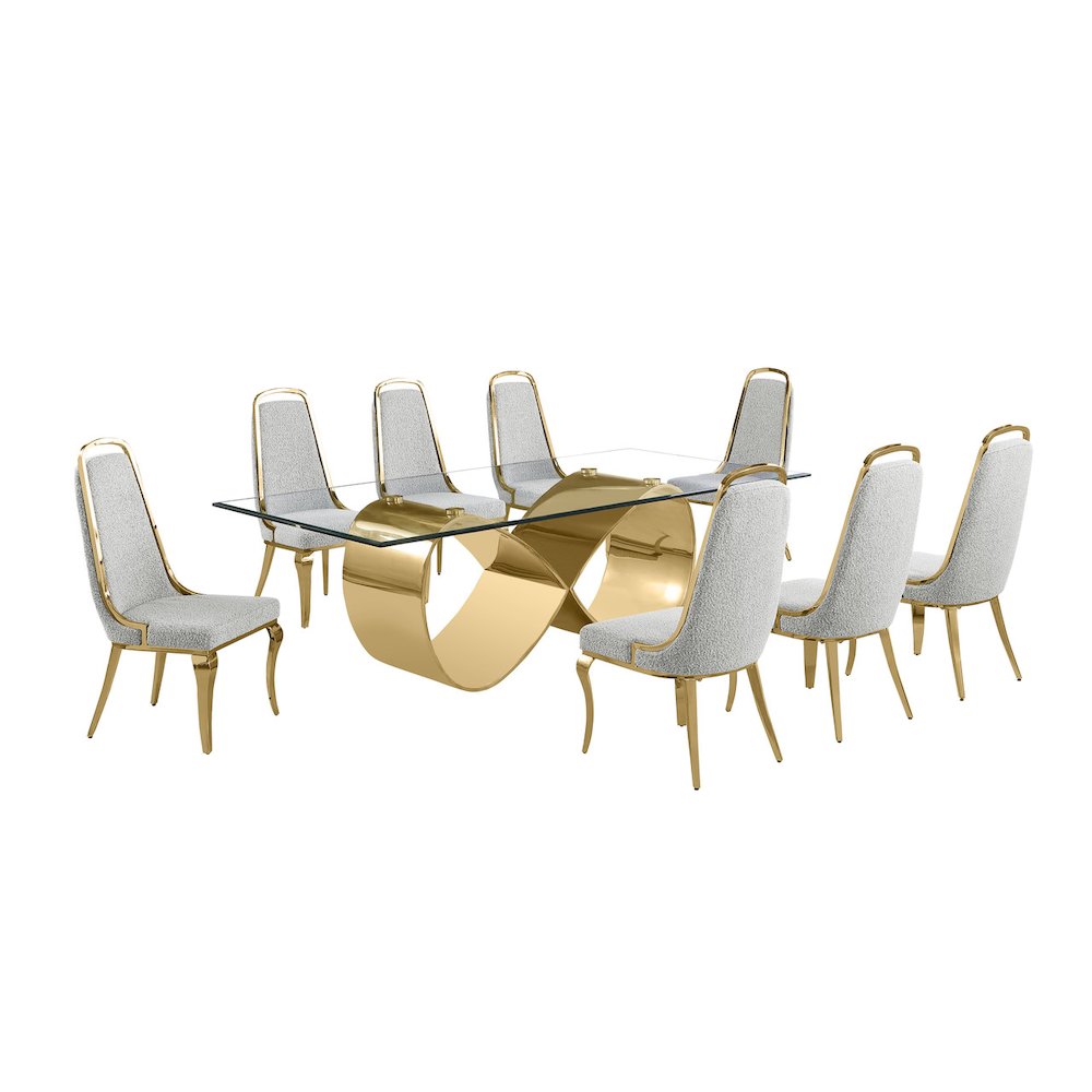 9Pc Tempered Glass Dining Set 8 Rich Gray Boucle Side Chairs And A Gold Base. Picture 1
