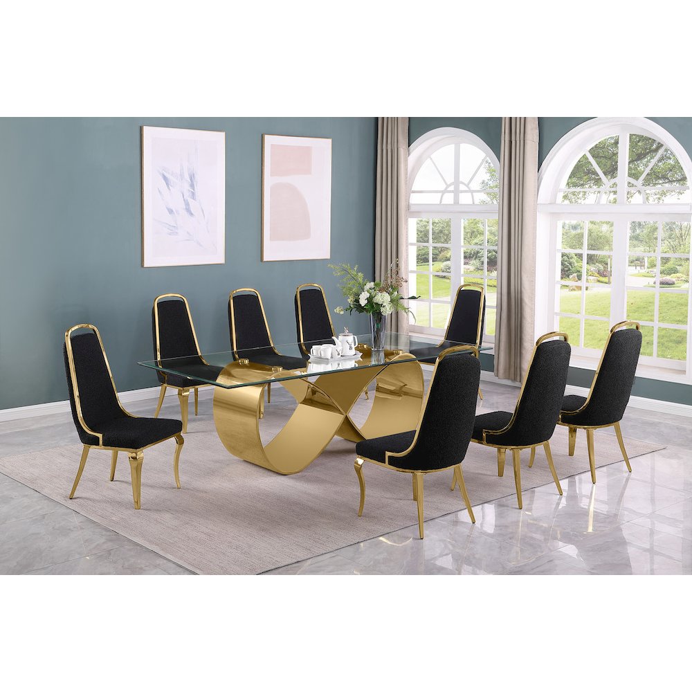 9Pc Tampered Glass Dining Set With 8 Black Boucle Side Chairs And A Gold Base. Picture 7