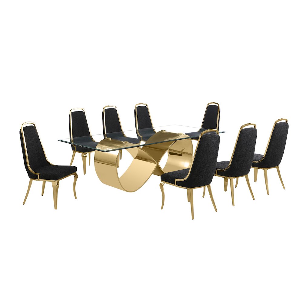 9Pc Tampered Glass Dining Set With 8 Black Boucle Side Chairs And A Gold Base. Picture 1