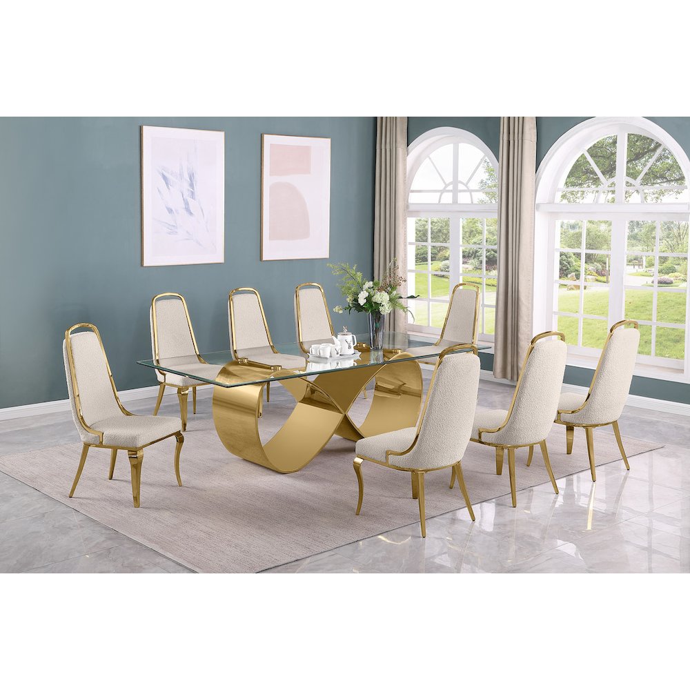 9Pc Tempered Glass Dining Set With 8 Cream Boucle Side Chairs And A Gold Base. Picture 7