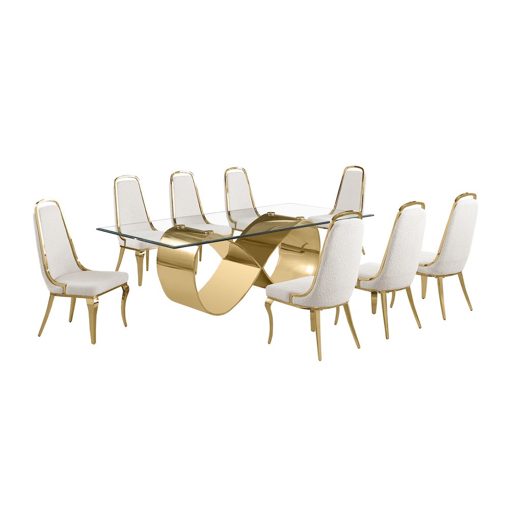 9Pc Tempered Glass Dining Set With 8 Cream Boucle Side Chairs And A Gold Base. Picture 1