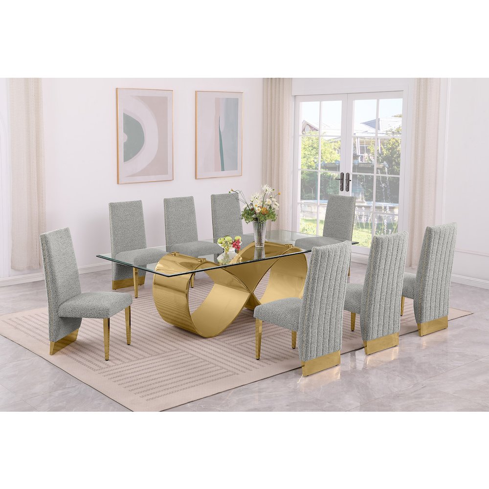 9Pc Tempered Glass Dining Set With 8 Rich Gray Boucle Chairs And Gold Base. Picture 7