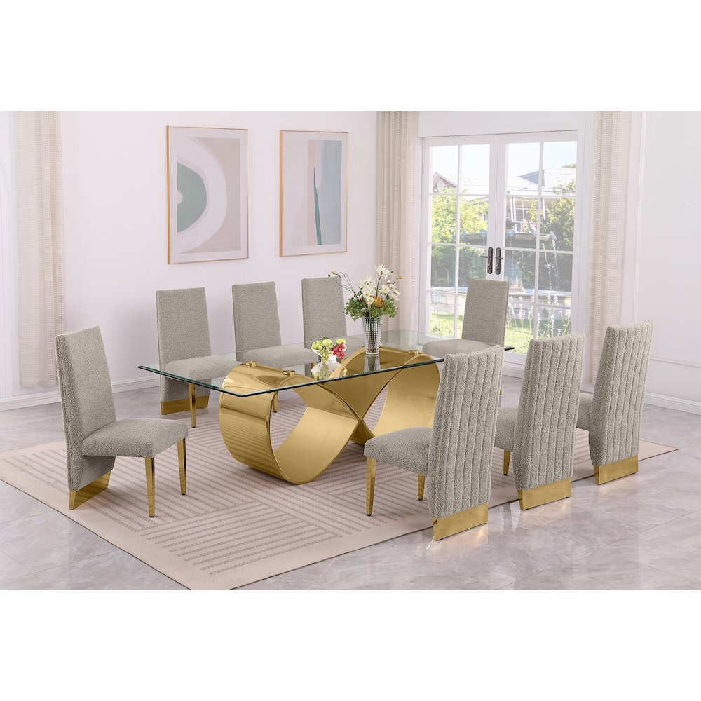 9Pc Tempered Glass Dining Set With 8 Gray Boucle Chairs And Gold Base. Picture 6