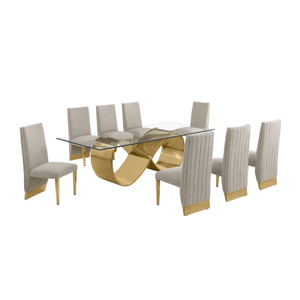 9Pc Tempered Glass Dining Set With 8 Gray Boucle Chairs And Gold Base. Picture 1
