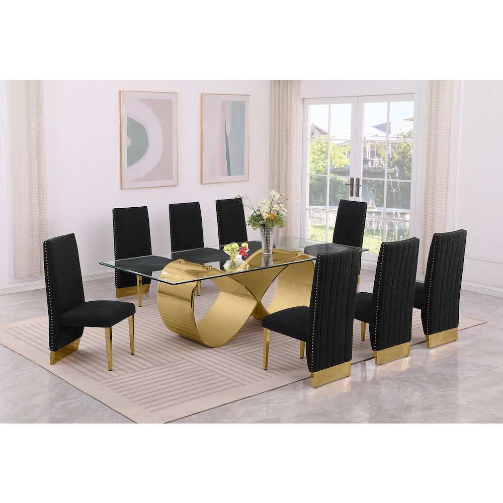 9Pc Tempered Glass Dining Set 8 Black Boucle Chairs And  Gold Base. Picture 6