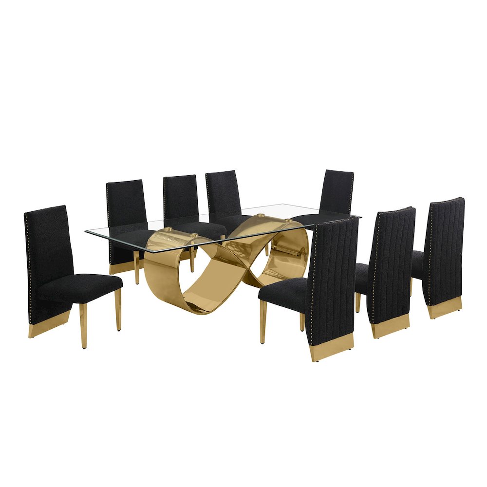 9Pc Tempered Glass Dining Set 8 Black Boucle Chairs And  Gold Base. Picture 1