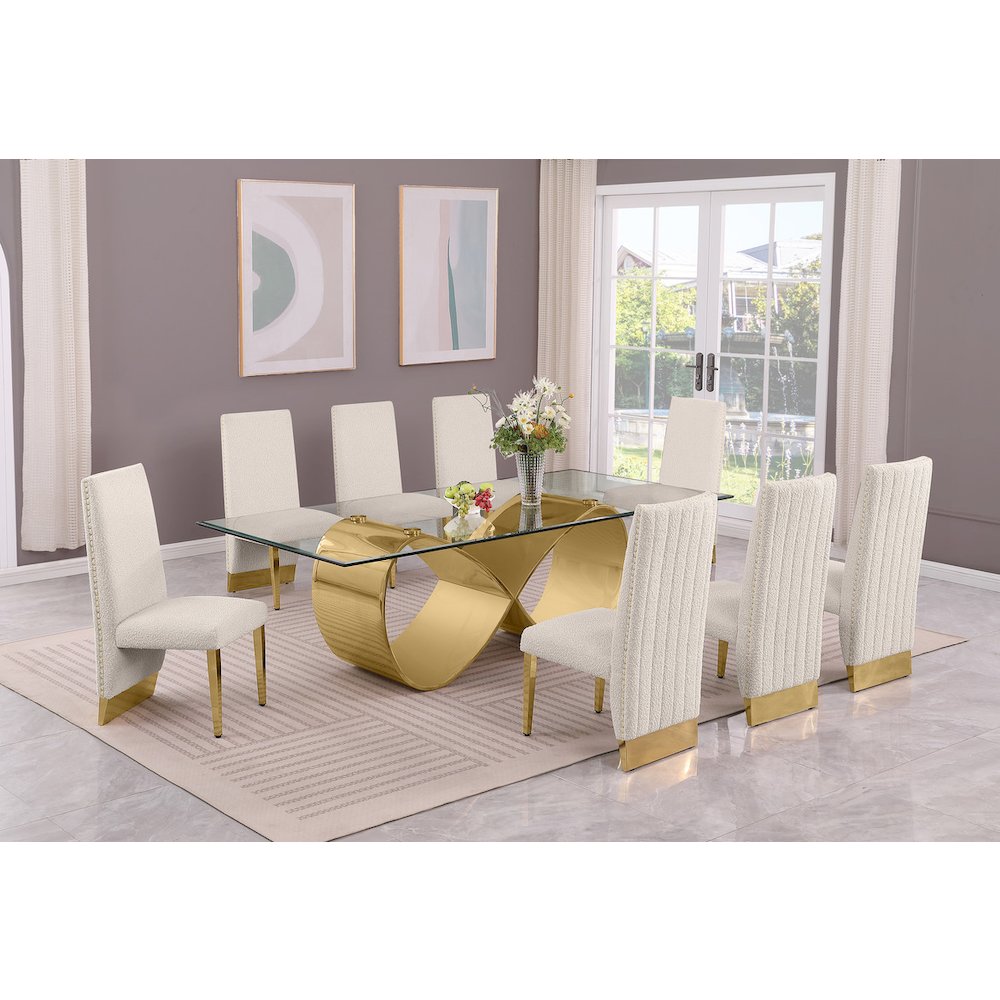 9Pc Tempered Glass Dining Set 8 Cream Boucle Chairs And Gold Base. Picture 6