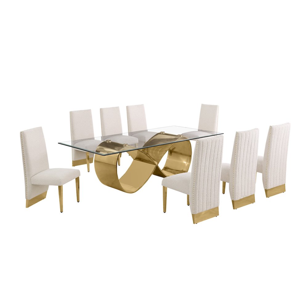 9Pc Tempered Glass Dining Set 8 Cream Boucle Chairs And Gold Base. Picture 1