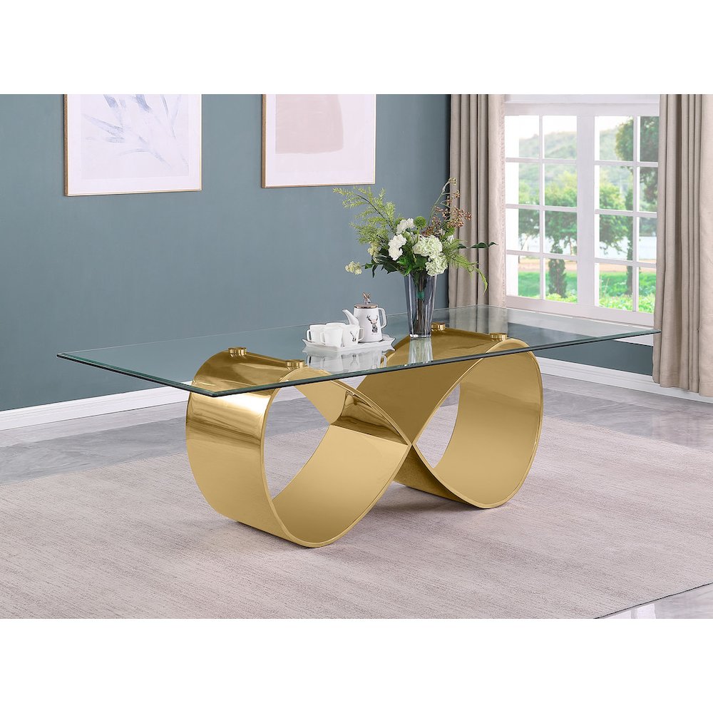 94X46 Tempered Glass Dining Table With An Infinity Gold Stainless Steel Base. Picture 4