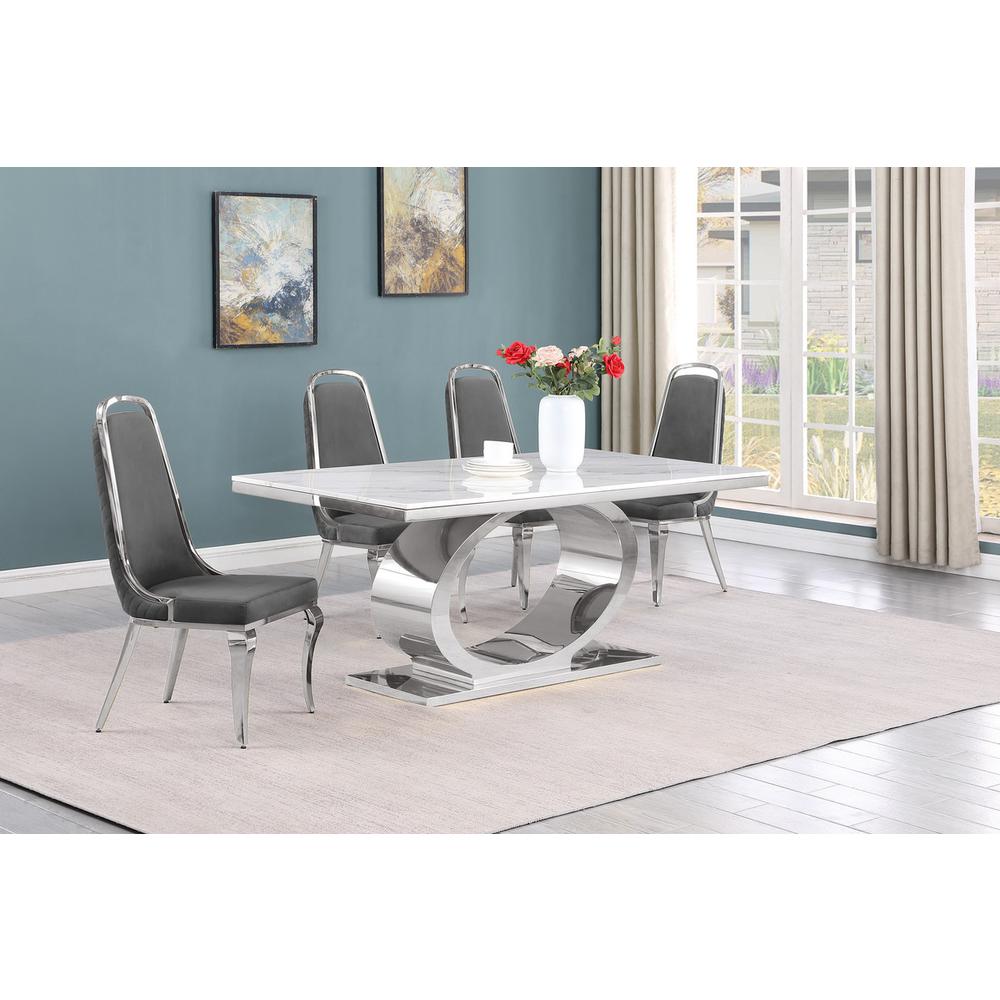 5pc Small(68") marble top dining set with silver base and 4 Dark grey chairs. Picture 5