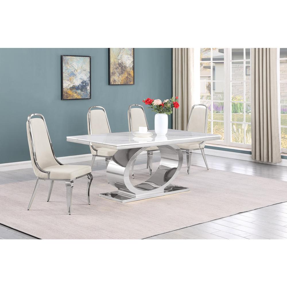 5pc Small(68") marble top dining set with silver base and 4 Cream side chairs. Picture 5