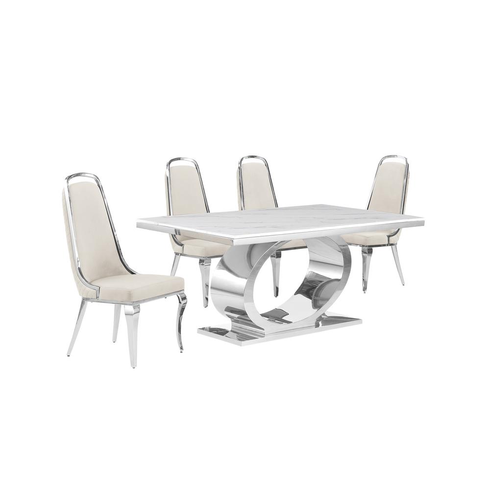 5pc Small(68") marble top dining set with silver base and 4 Cream side chairs. Picture 1