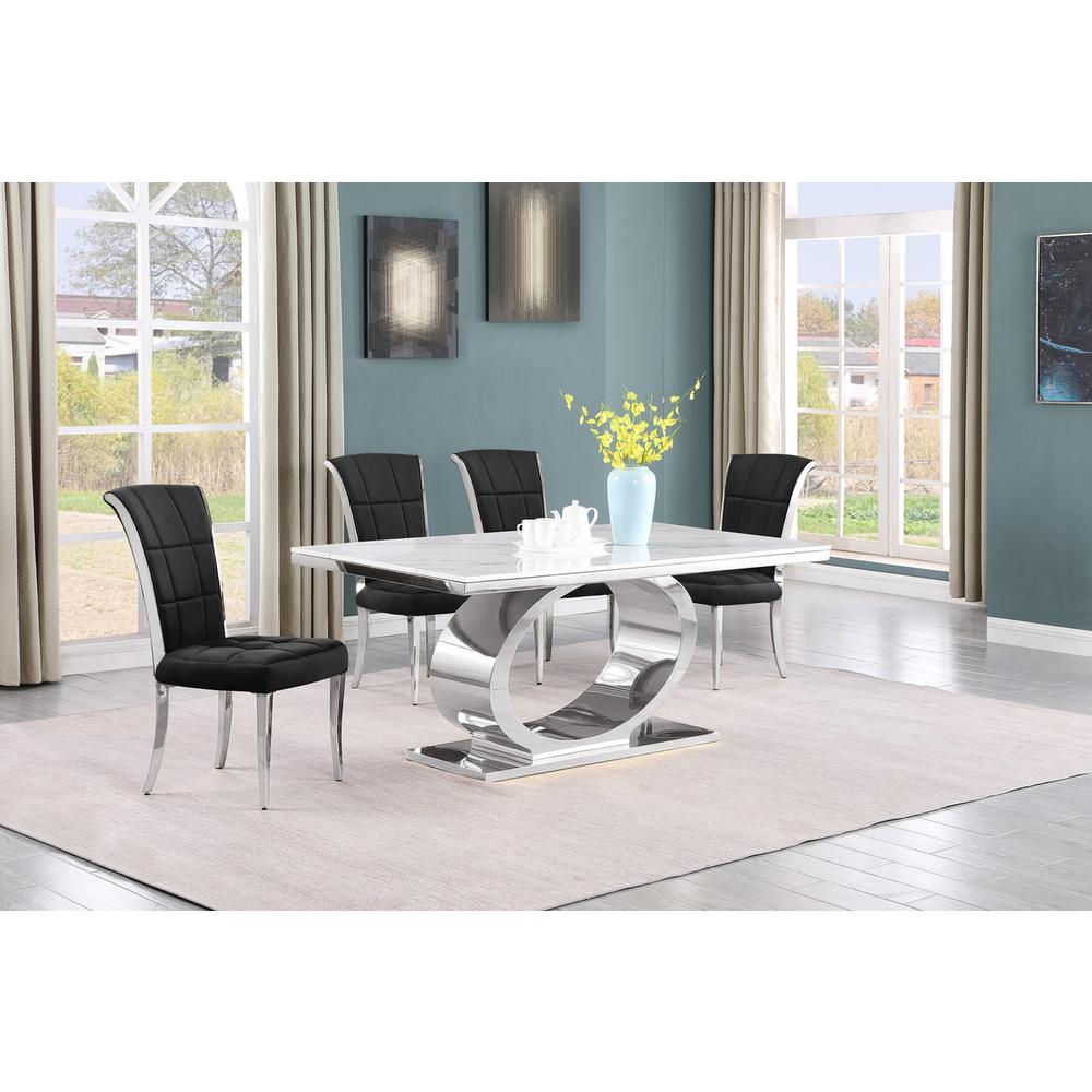 5pc Small(48") marble top dining set with silver base and 4 Black side chairs. Picture 5