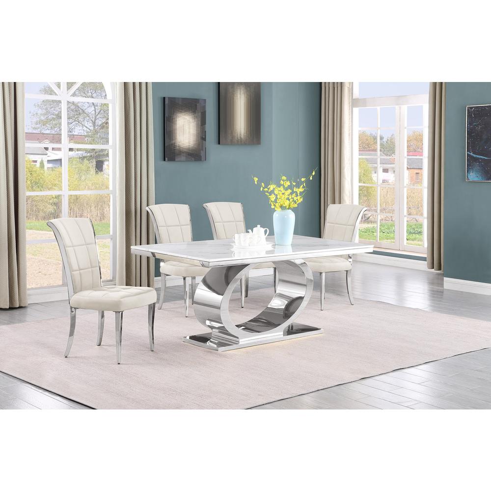 5pc Small(48") marble top dining set with silver base and 4 Cream side chairs. Picture 5