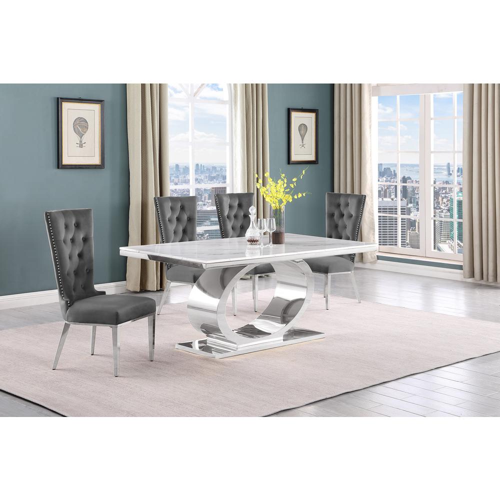 5pc Small(68") marble top dining set with silver base and 4 Dark grey chairs. Picture 5