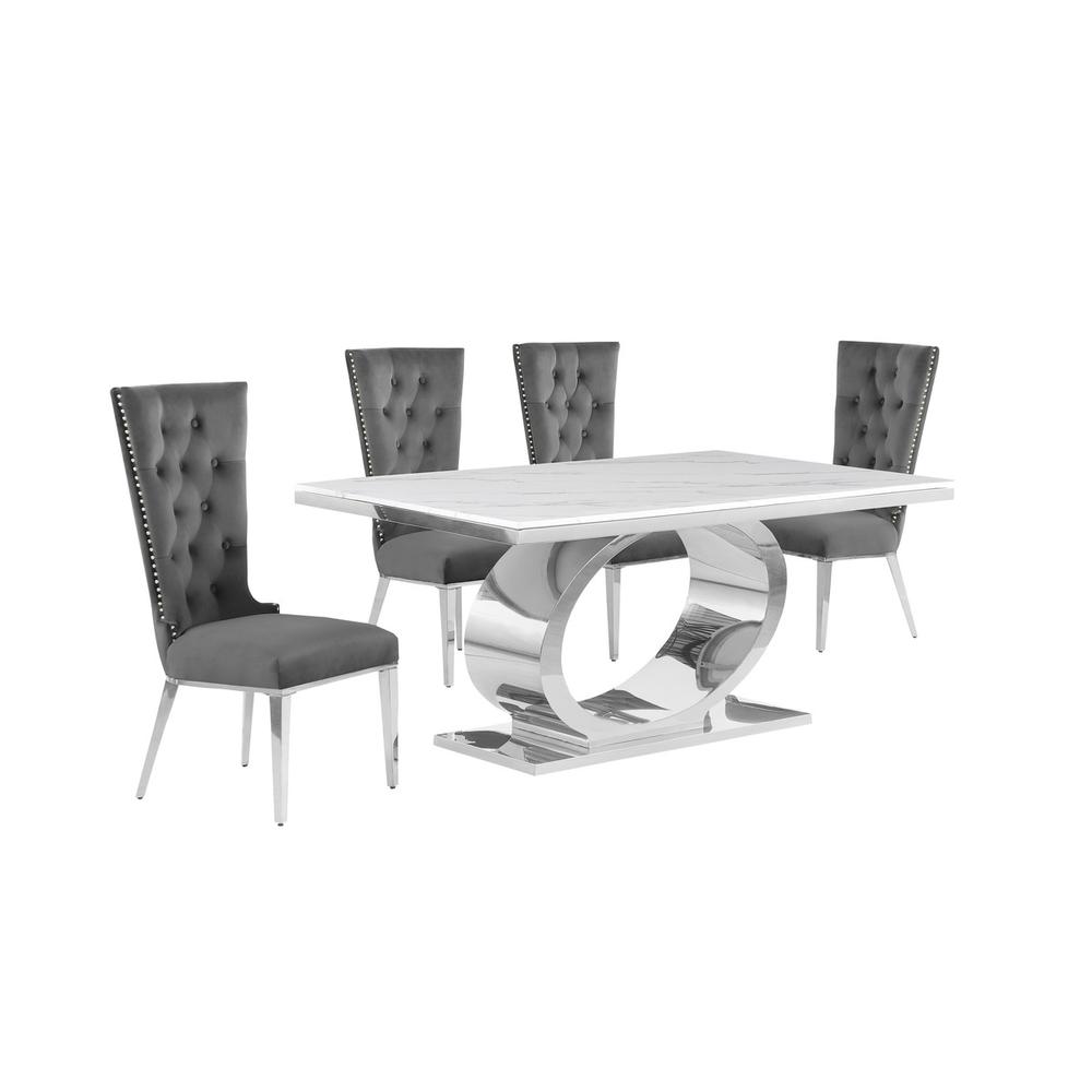 5pc Small(68") marble top dining set with silver base and 4 Dark grey chairs. Picture 1