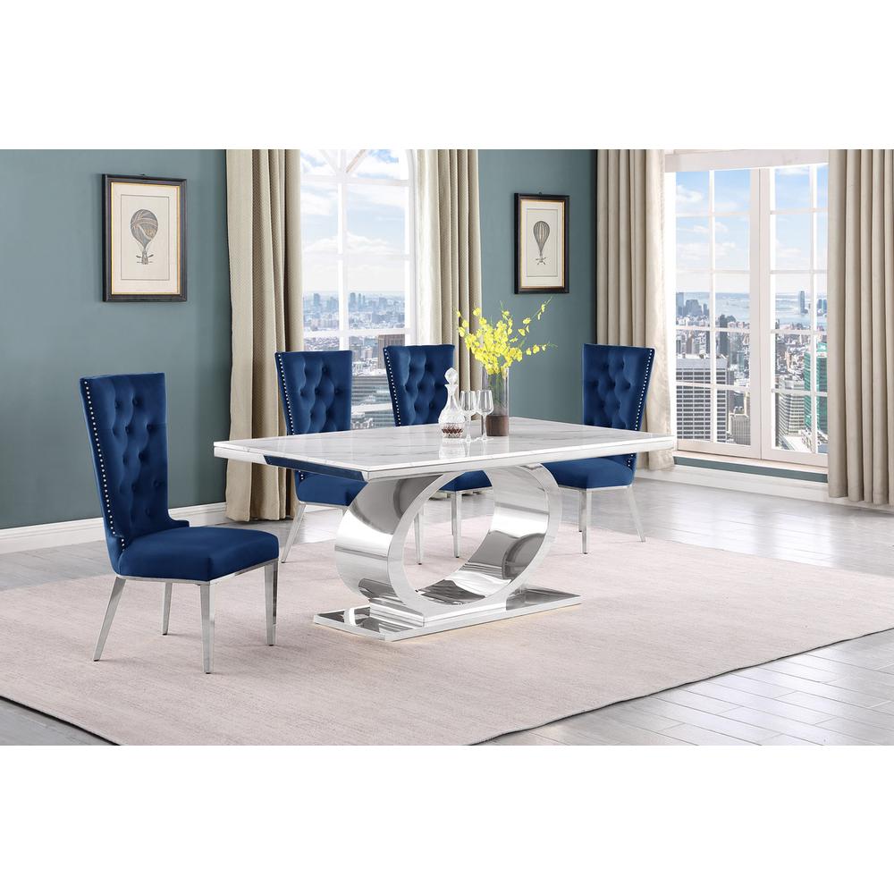 5pc Small(68") marble top dining set with silver base and 4 Navy blue chairs. Picture 5
