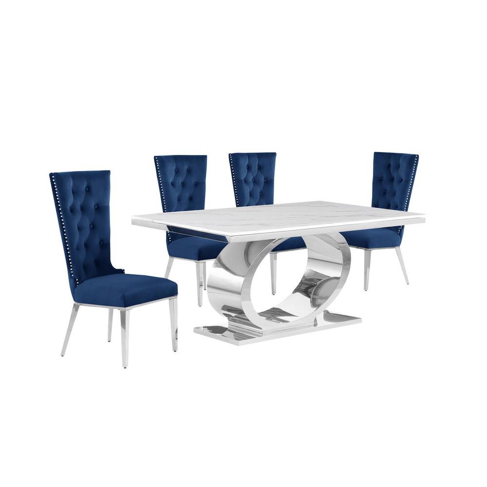 5pc Small(68") marble top dining set with silver base and 4 Navy blue chairs. Picture 1