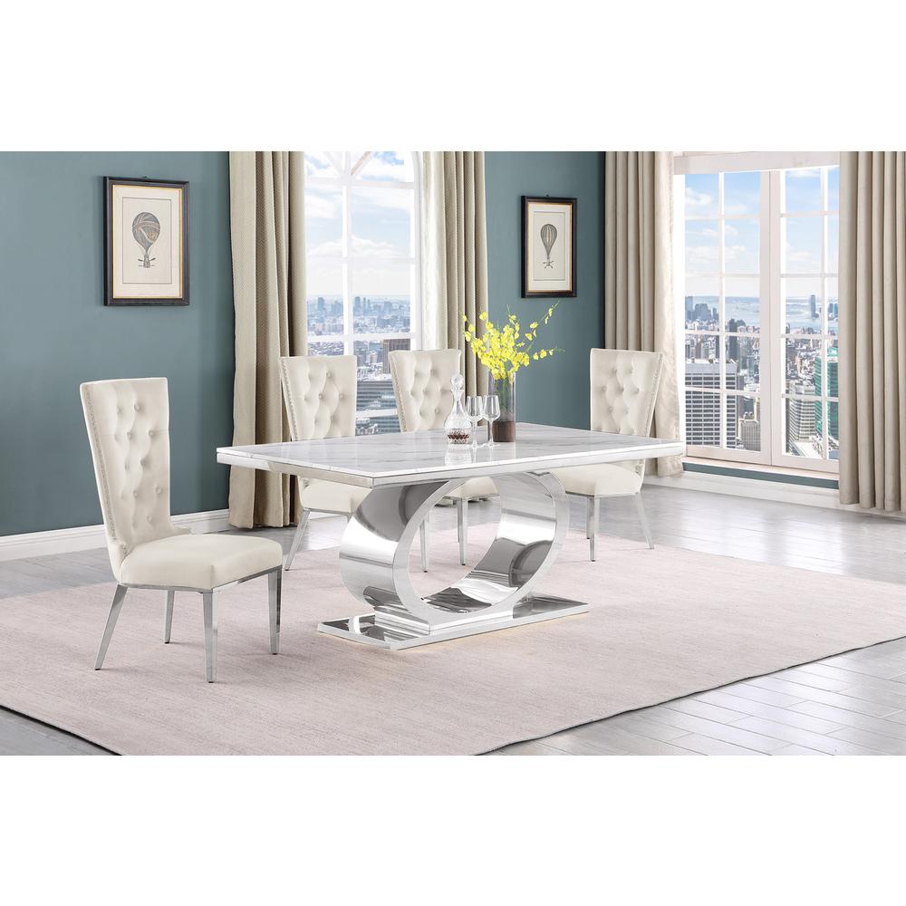 5pc Small(68") marble top dining set with silver base and 4 Cream side chairs. Picture 5