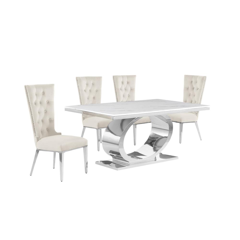 5pc Small(68") marble top dining set with silver base and 4 Cream side chairs. Picture 1