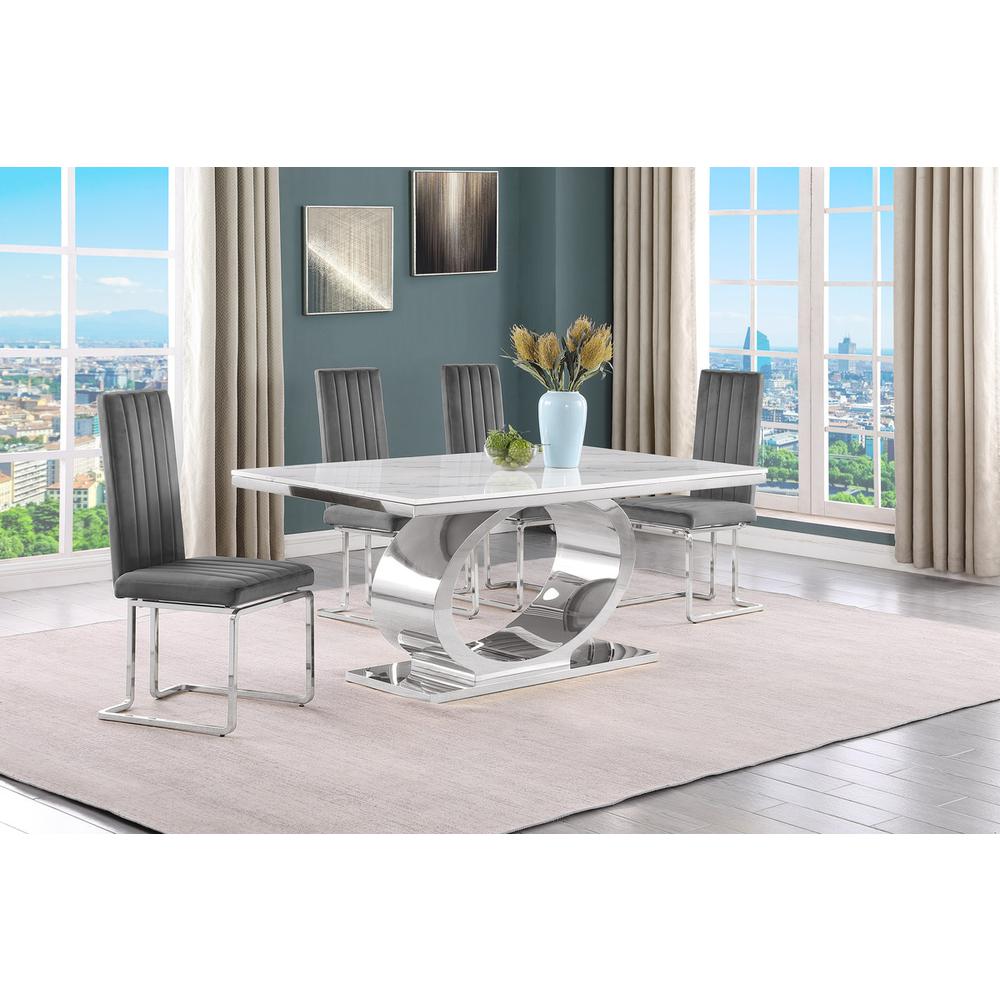 5pc Small(68") marble top dining set with silver base and 4 Dark grey chairs. Picture 5