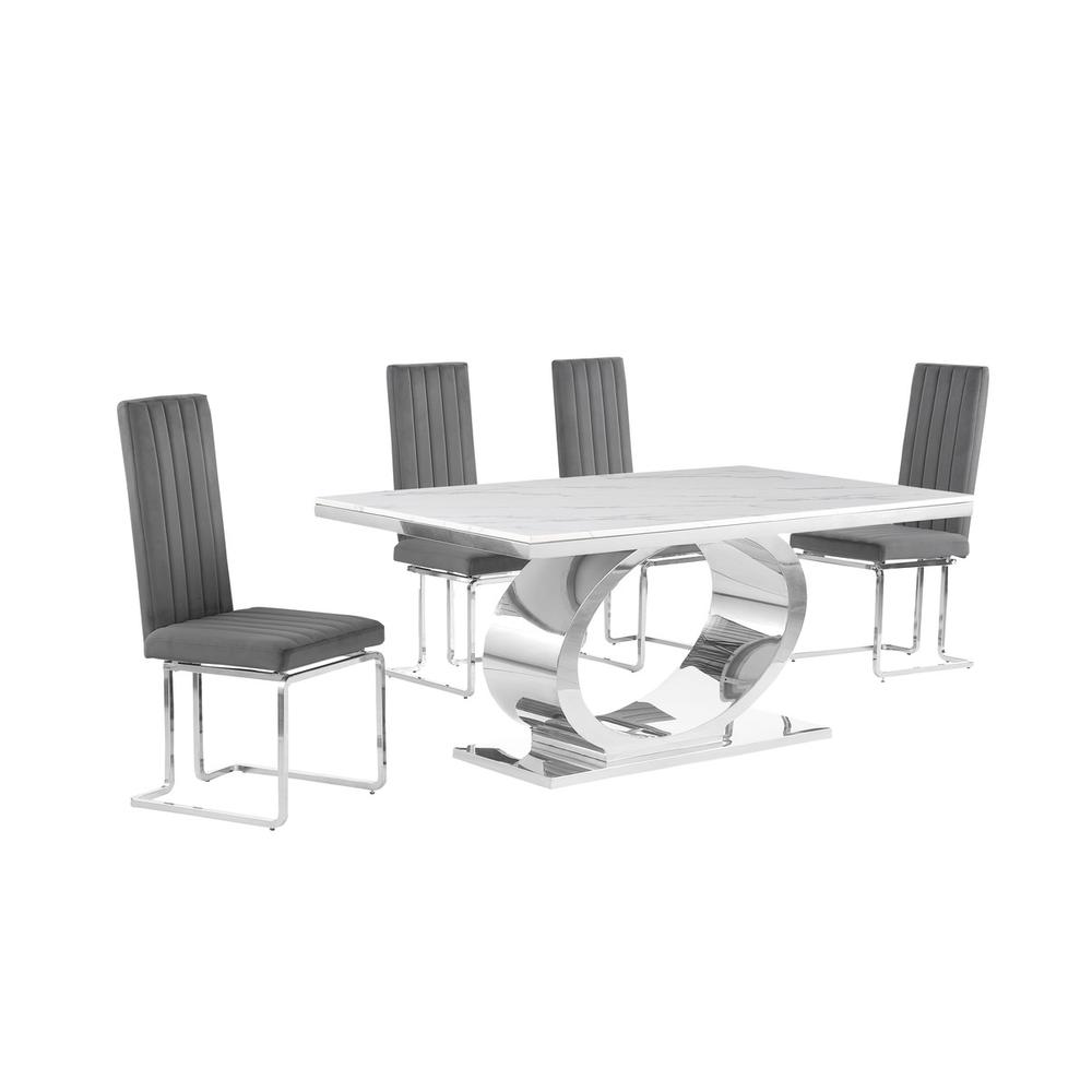 5pc Small(68") marble top dining set with silver base and 4 Dark grey chairs. Picture 1