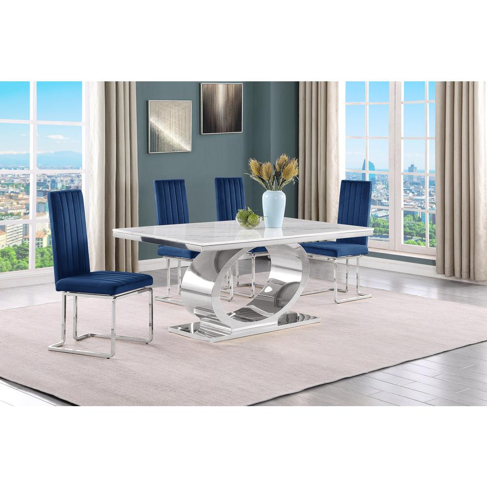 5pc Small(68") marble top dining set with silver base and 4 Navy blue chairs. Picture 5