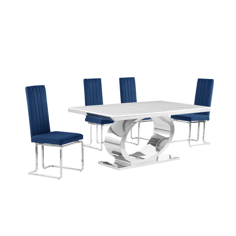 5pc Small(68") marble top dining set with silver base and 4 Navy blue chairs. Picture 1