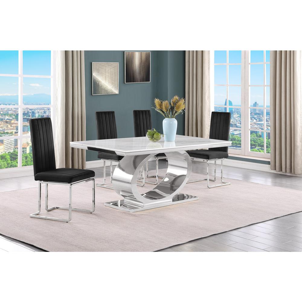 5pc Small(68") marble top dining set with silver base and 4 Black side chairs. Picture 5