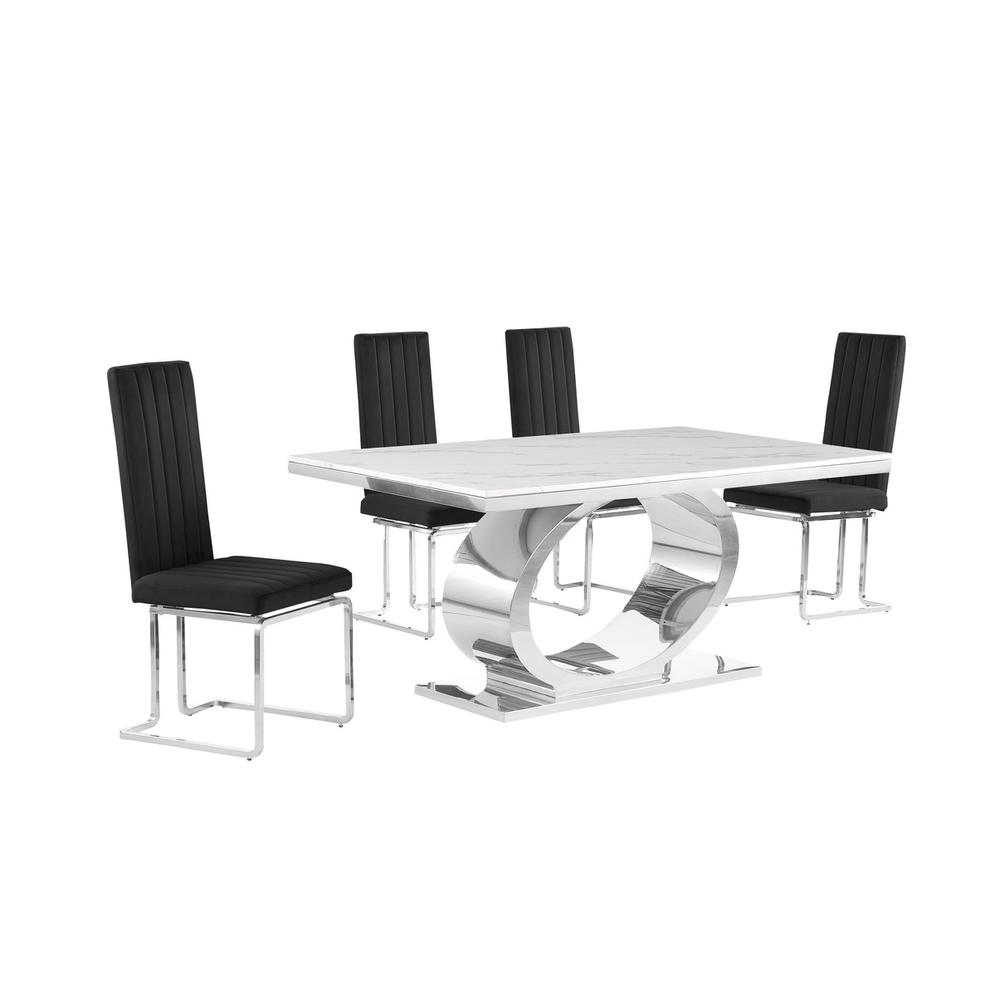 5pc Small(68") marble top dining set with silver base and 4 Black side chairs. Picture 1