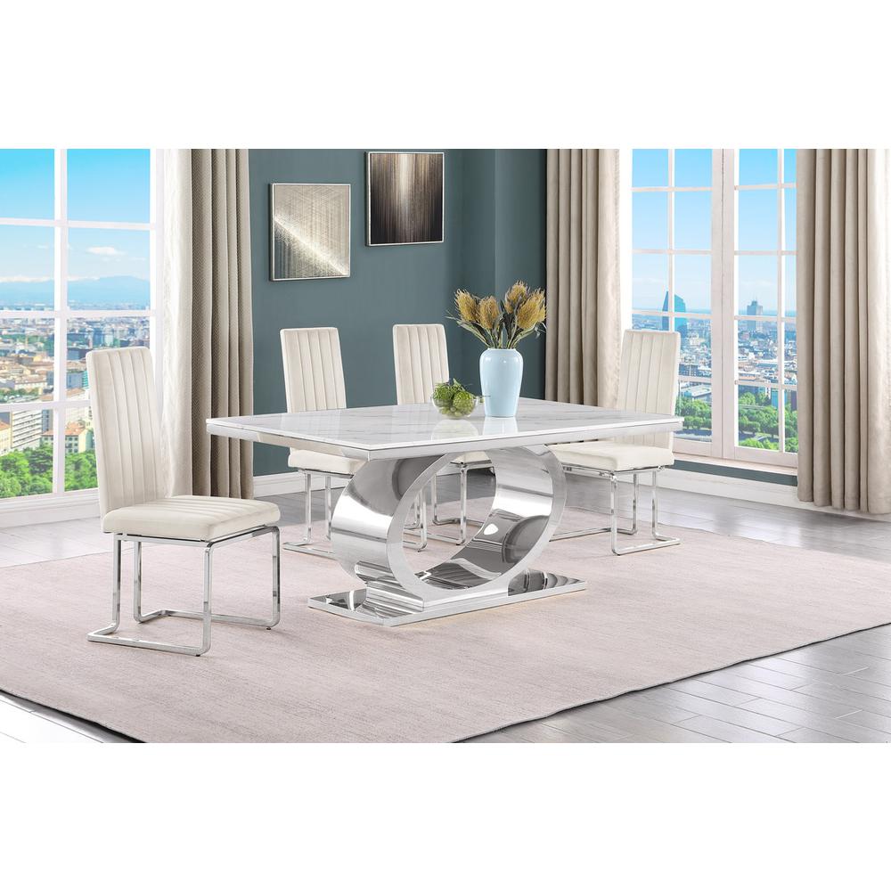 5pc Small(68") marble top dining set with silver base and 4 Cream side chairs. Picture 5