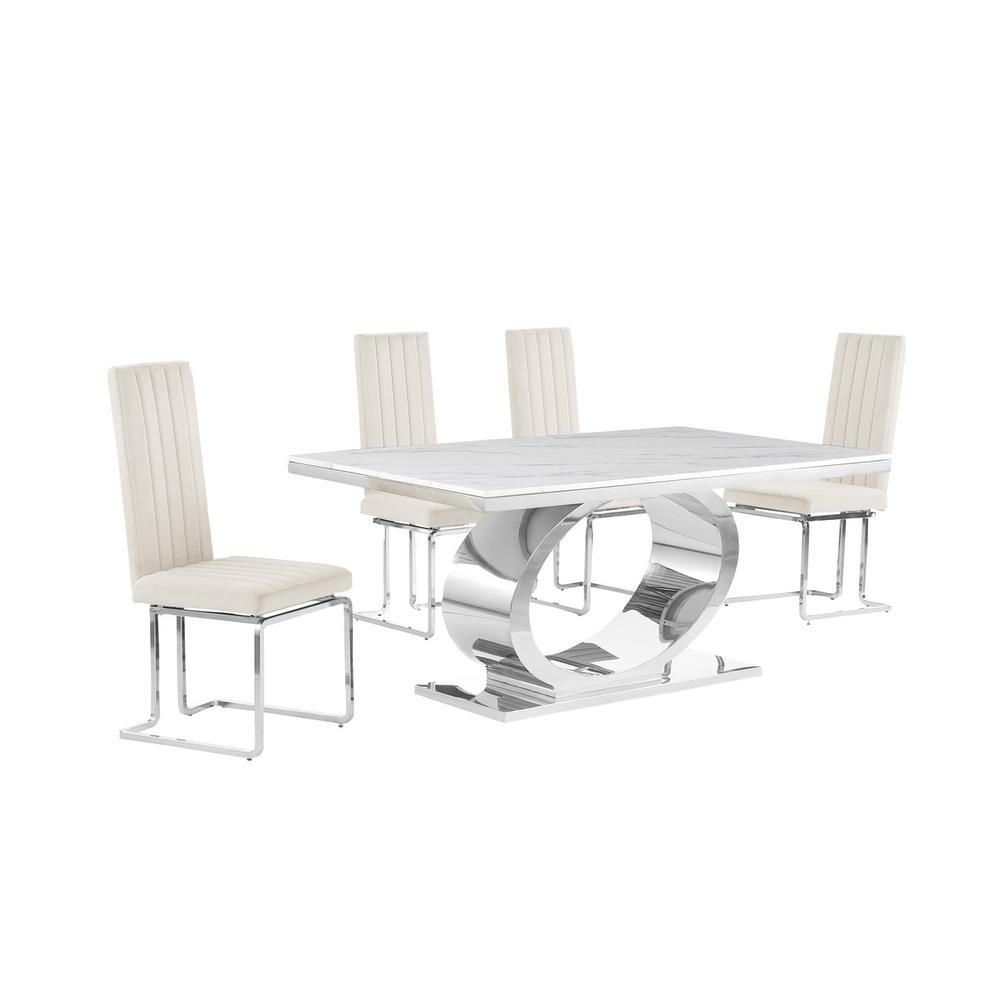 5pc Small(68") marble top dining set with silver base and 4 Cream side chairs. Picture 1