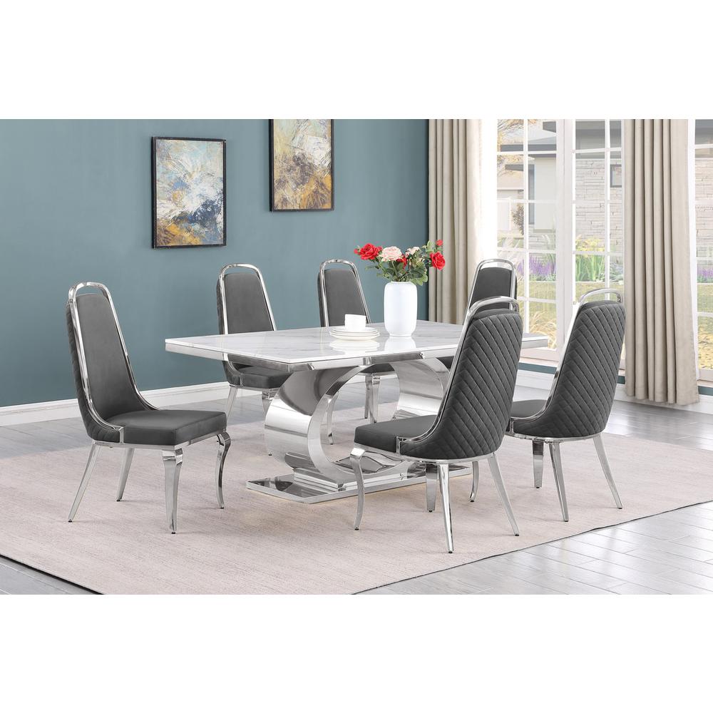 7pc Large(68") marble top dining set with silver base and 6 Dark grey chairs. Picture 5