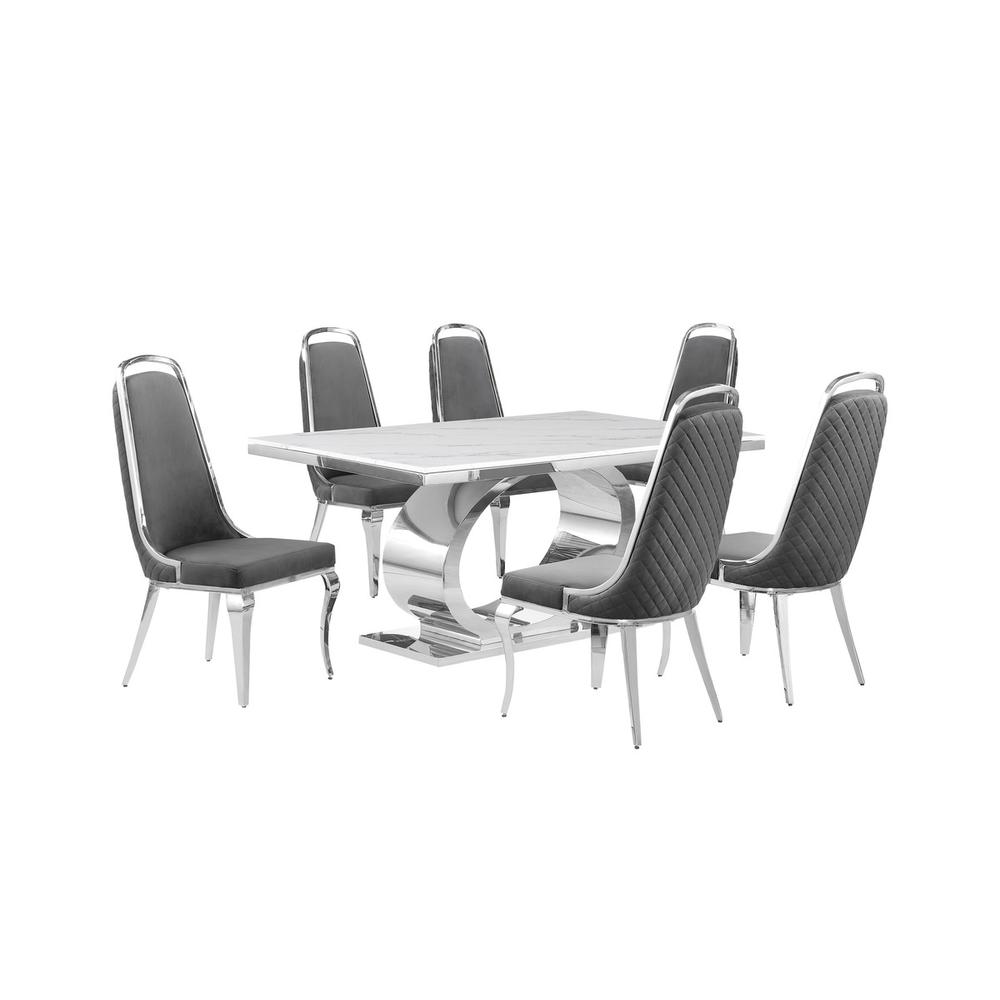 7pc Large(68") marble top dining set with silver base and 6 Dark grey chairs. Picture 1