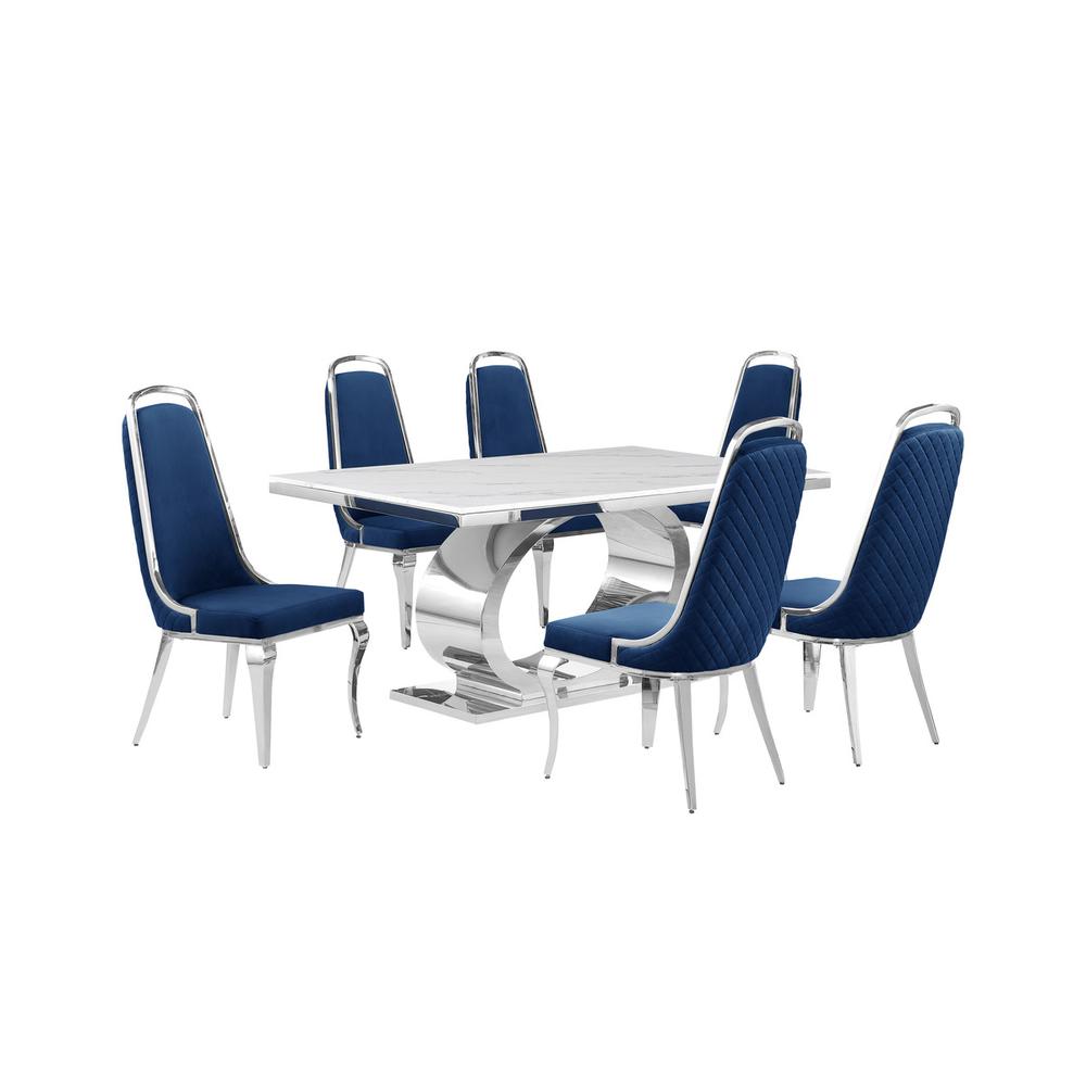 7pc Large(68") marble top dining set with silver base and 6 Navy blue chairs. Picture 1