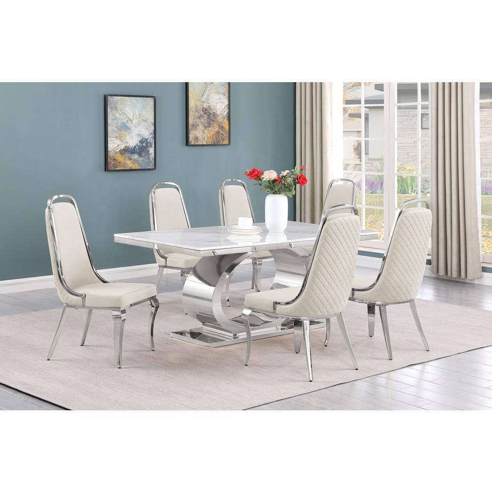 7pc Large(68") marble top dining set with silver base and 6 Cream side chairs. Picture 5