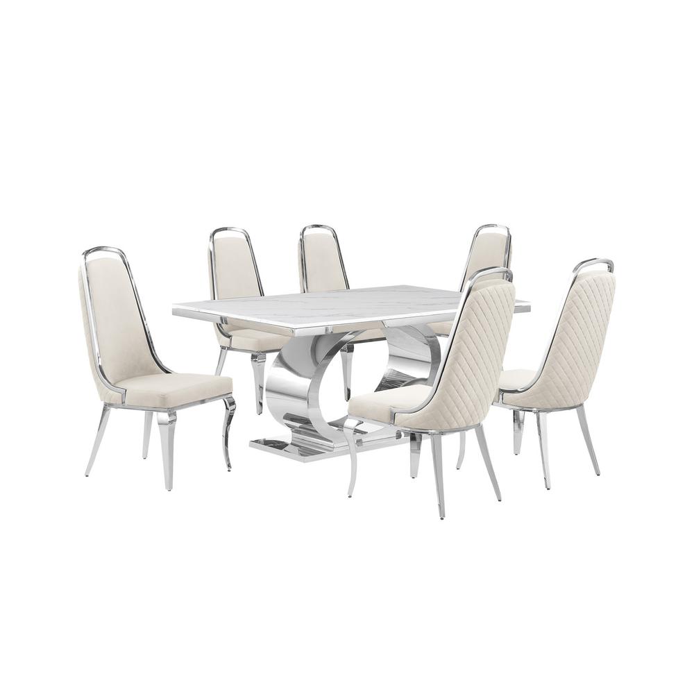 7pc Large(68") marble top dining set with silver base and 6 Cream side chairs. Picture 1