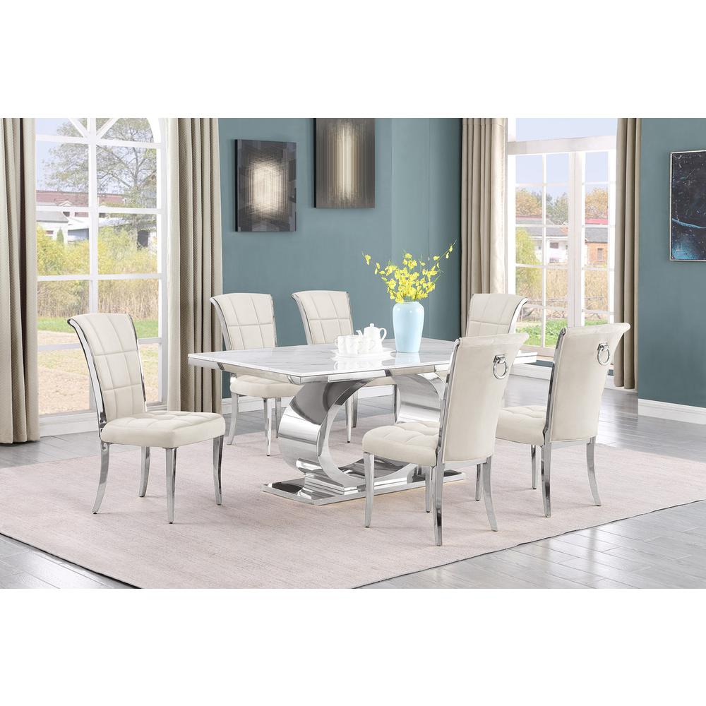 7pc Small(68") marble top dining set with silver base and 6 Cream side chairs. Picture 5