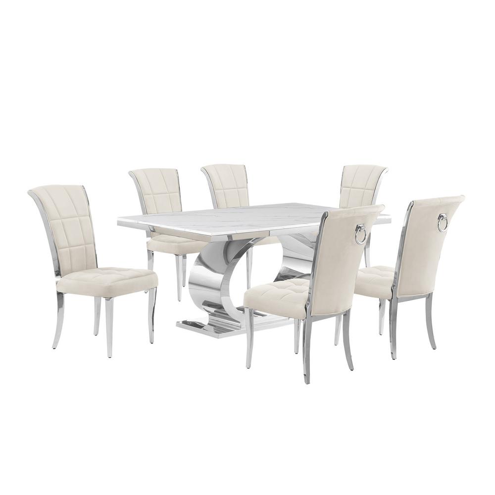 7pc Small(68") marble top dining set with silver base and 6 Cream side chairs. Picture 1