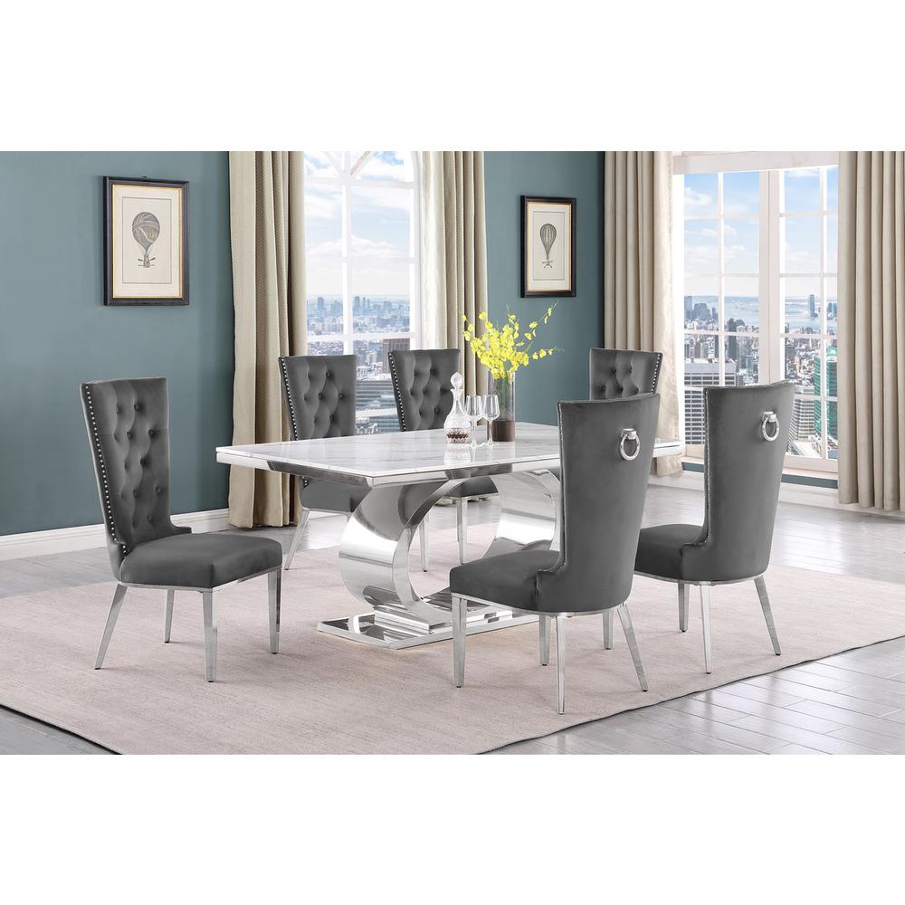 7pc Small(68") marble top dining set with silver base and 6 Dark grey chairs. Picture 5