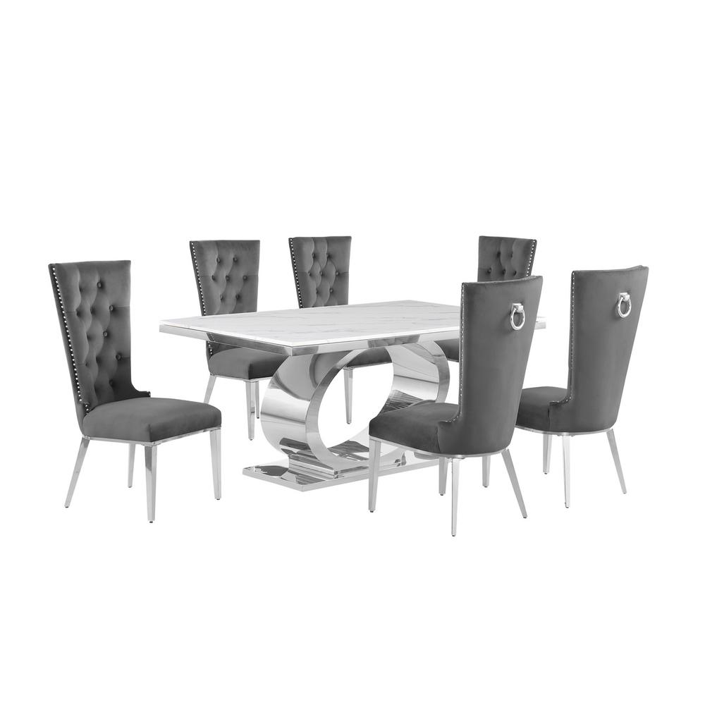 7pc Small(68") marble top dining set with silver base and 6 Dark grey chairs. Picture 1