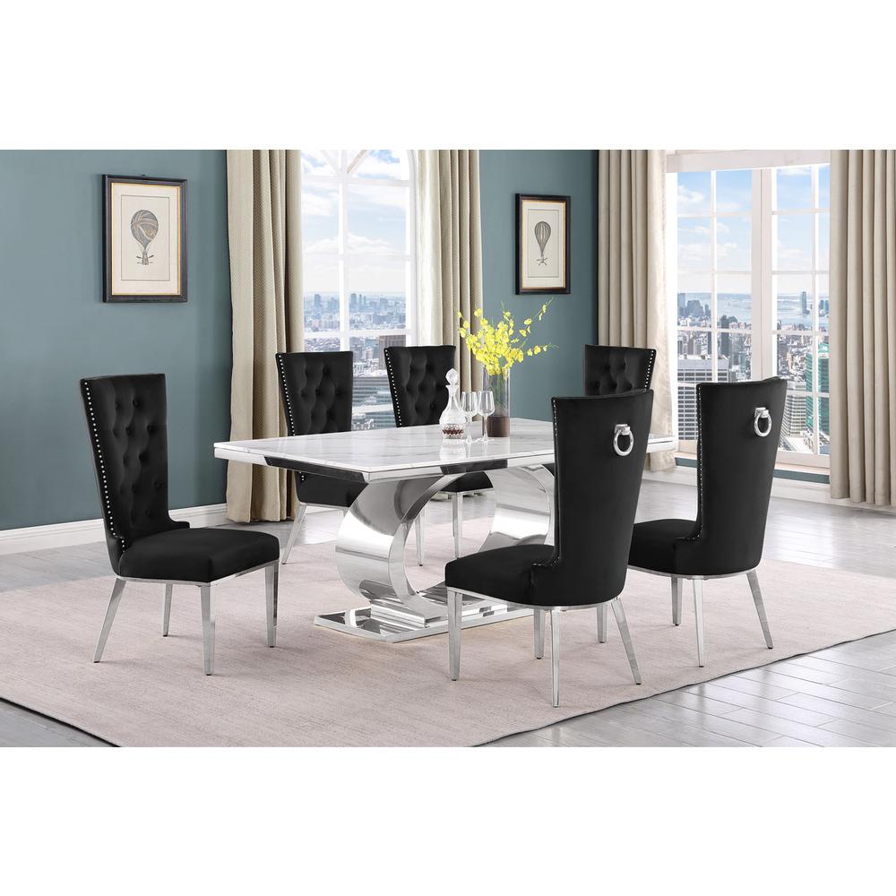 7pc Small(68") marble top dining set with silver base and 6 Black side chairs. Picture 5