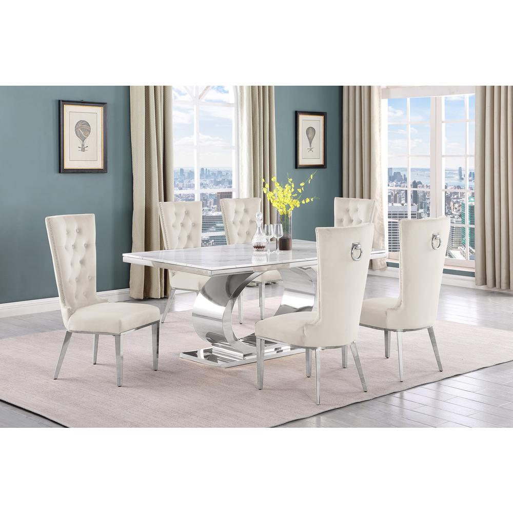 7pc Small(68") marble top dining set with silver base and 6 Cream side chairs. Picture 5