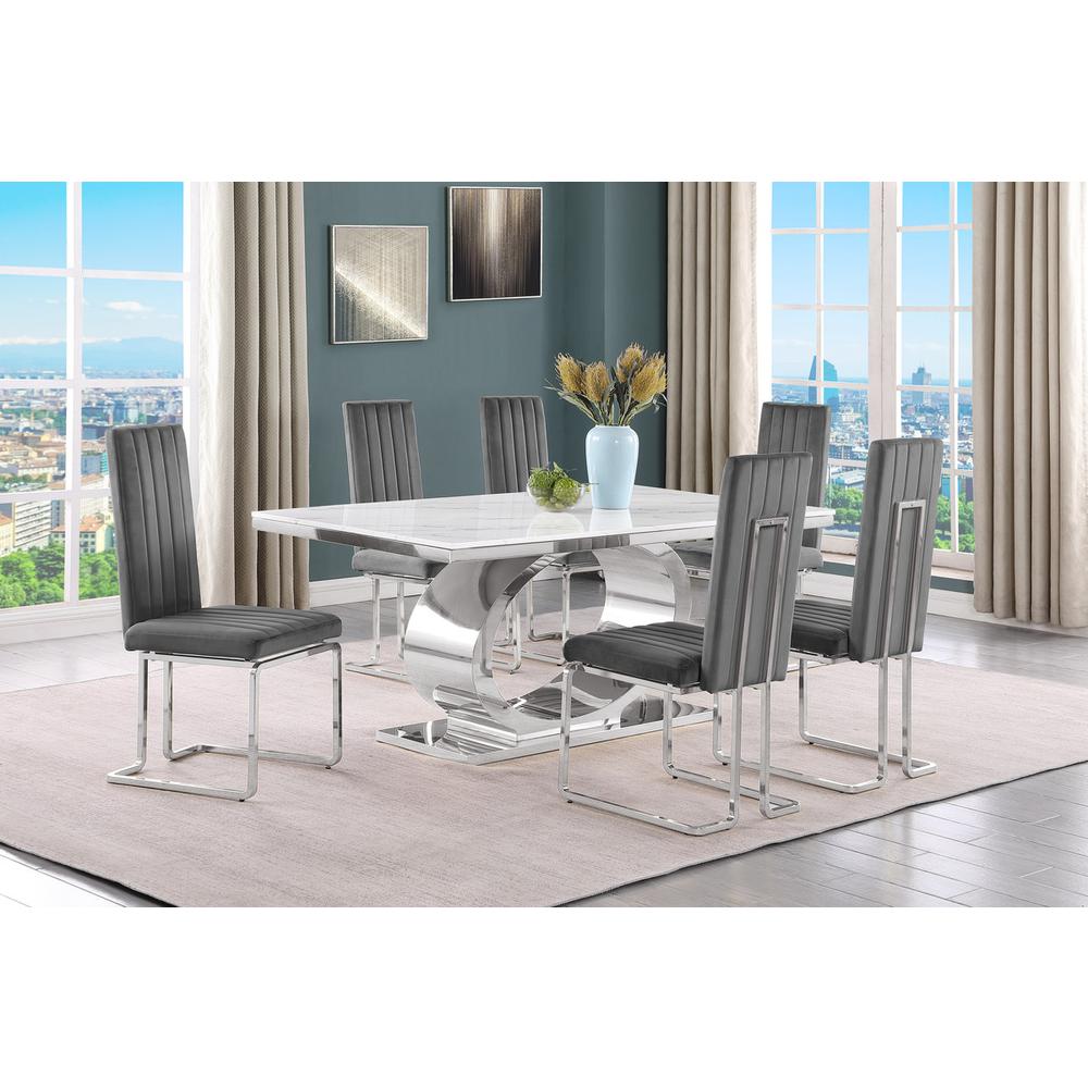 7pc Small(68") marble top dining set with silver base and 6 Dark grey chairs. Picture 5