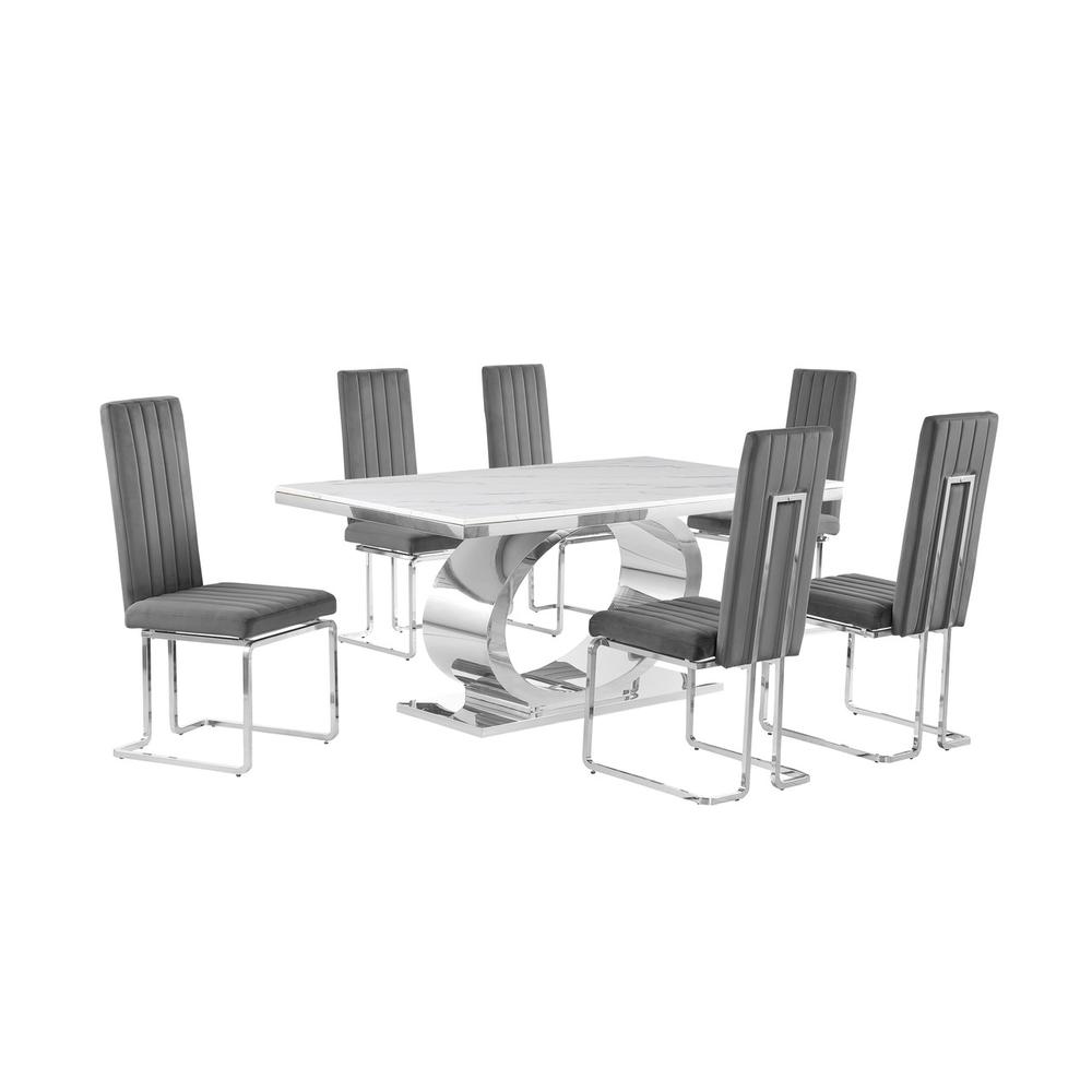 7pc Small(68") marble top dining set with silver base and 6 Dark grey chairs. Picture 1