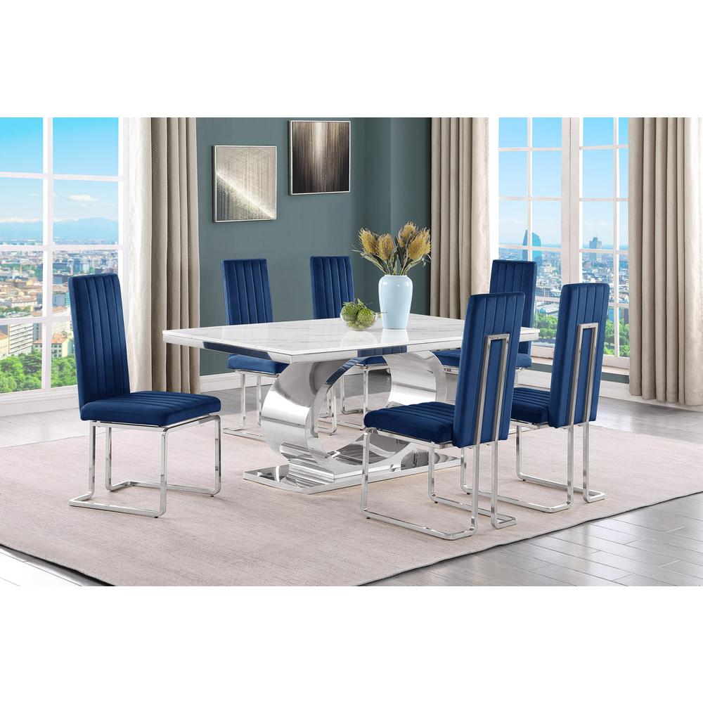 7pc Small(68") marble top dining set with silver base and 6 Navy blue chairs. Picture 5
