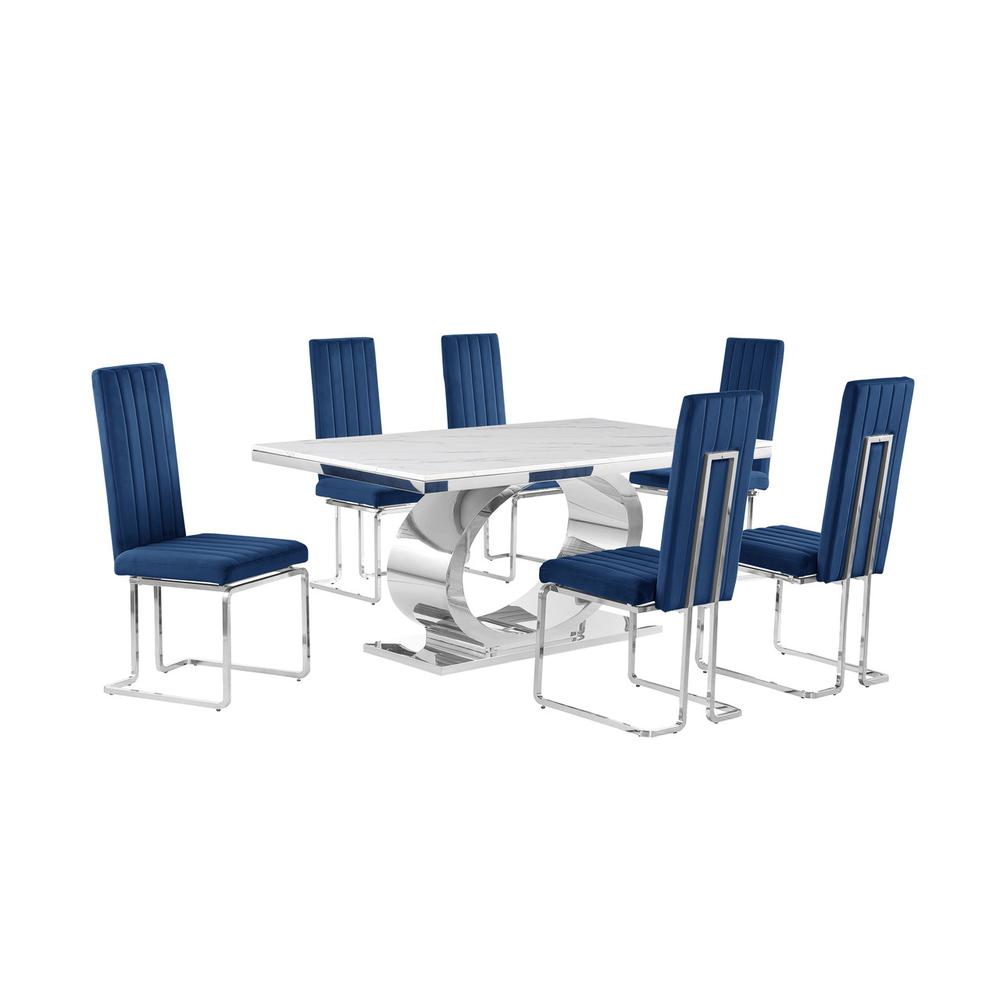 7pc Small(68") marble top dining set with silver base and 6 Navy blue chairs. Picture 1