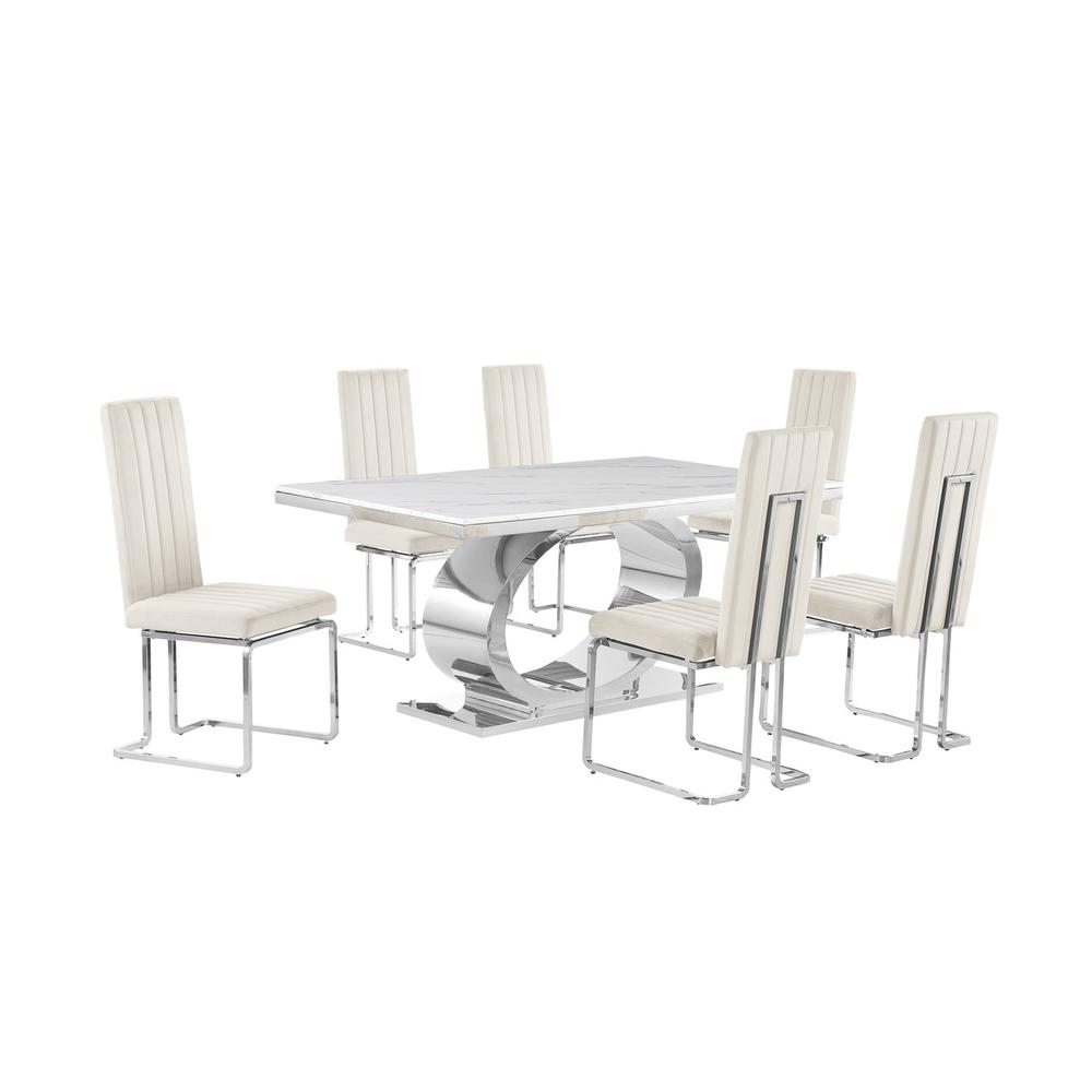 7pc Small(68") marble top dining set with silver base and 6 Cream side chairs. Picture 1