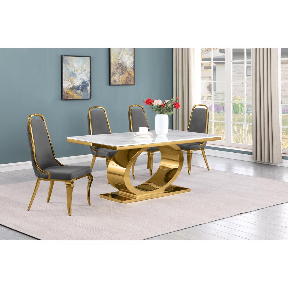 5pc Small(68") marble top dining set with gold base and 4 Dark grey side chairs. Picture 5
